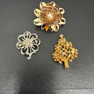 Vintage Brooch Lot of 3 Tree Flower Shell Gold & Silver Colors
